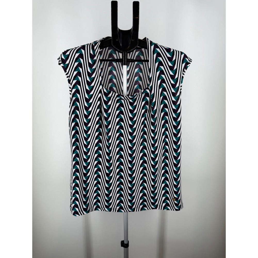 Anne Klein Women Geometric Chevron Sleeveless Blouse Teal Purple L